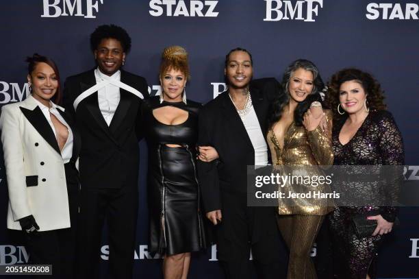La La Anthony, Da'Vinchi, Michole Briana White, Meech, Kelly Hu, and Heather Zuhlke attend BMF Season 3 Los Angeles Premiere at Hollywood Athletic...