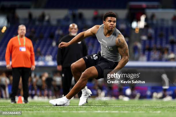 Chop Robinson #DL45 of Penn State participates in a drill during the NFL Combine at Lucas Oil Stadium on February 29, 2024 in Indianapolis, Indiana.