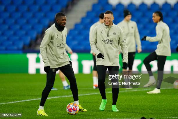 Kylian Mbappe Centre-Forward of PSG and France and Ousmane Dembele Right Winger of PSG and France during the training before UEFA Champions League...