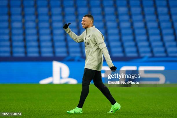 Kylian Mbappe Centre-Forward of PSG and France during the training before UEFA Champions League last 16 second leg football match between Real...
