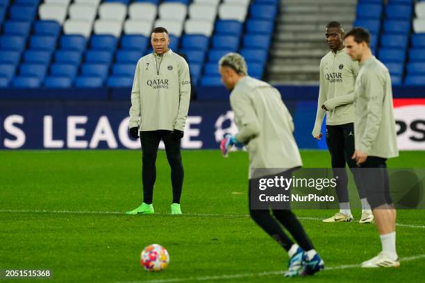 Kylian Mbappe Centre-Forward of PSG and France during the training before UEFA Champions League last 16 second leg football match between Real...