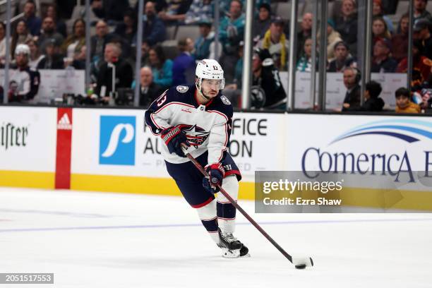 Johnny Gaudreau of the Columbus Blue Jackets in action against the San Jose Sharks at SAP Center on February 17, 2024 in San Jose, California.