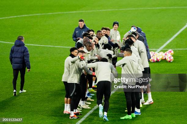 Kylian Mbappe Centre-Forward of PSG and France during the training before UEFA Champions League last 16 second leg football match between Real...