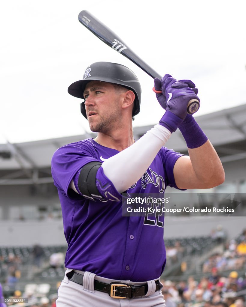 Colors Do Rocks Nolan Jones of the Colorado Rockies stands on deck prior to an at bat ...