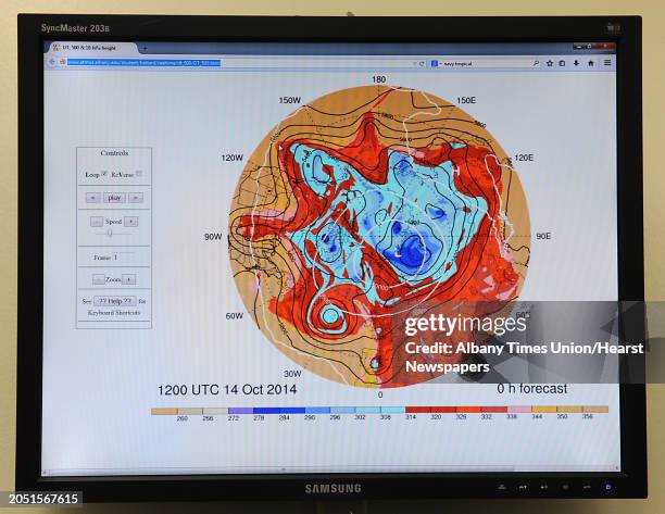 Map of the tropospheric polar vortex on the computer of Andrea Lang, assistant professor College of Arts and Sciences, at the University at Albany...