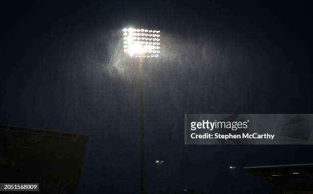 Dublin , Ireland - 4 March 2024; Rain falls in front of the floodlights before the SSE Airtricity Men's Premier Division match between Shamrock...