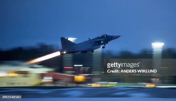 Gripen C/D fighter aircraft takes off from Lulea-Kallax Airport, Sweden on March 4, 2024 during the NATO Nordic Response 24 military exercise, a...