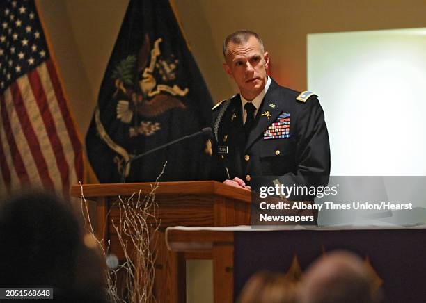 Lieutenant Colonel Sean Flynn speaks during a Catholic Mass and tribute ceremony held to remember Army Sgt. David Fisher on the 10th anniversary of...