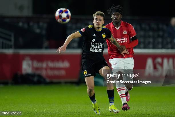 Agustin Anello of SC Cambuur, Emmanuel van de Blaak of PSV U23 during the Dutch Keuken Kampioen Divisie match between PSV U23 v SC Cambuur at the De...