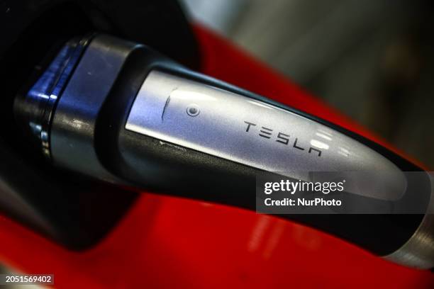 Tesla Superchargers are seen at Boanrka shopping center parking in Krakow, Poland on March 4th, 2024