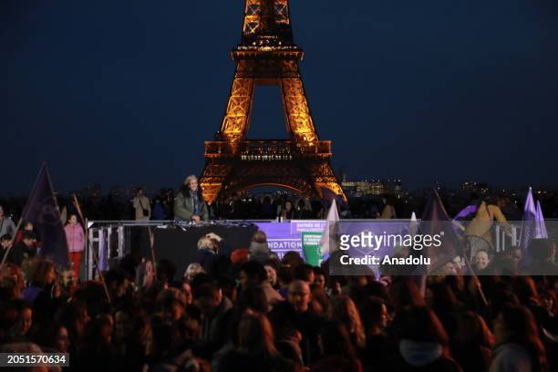 Reading 'My body my choice' is projected onto the Eiffel Tower as demonstrators demanding the inclusion of the right to abortion in the constitution...