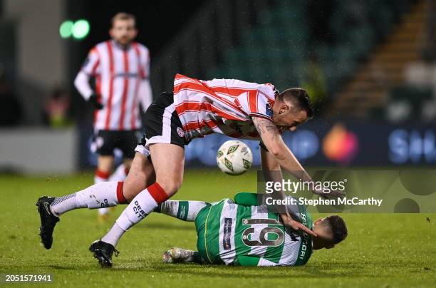 Dublin , Ireland - 4 March 2024; Shane McEleney of Derry City in action against Markus Poom of Shamrock Rovers during the SSE Airtricity Men's...