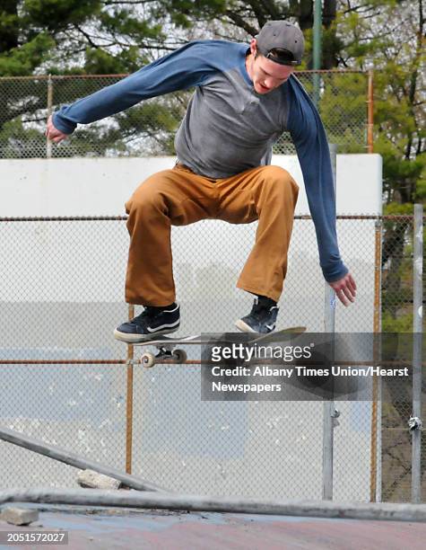 Garrett Rowland of Albany flies through the air on his skateboard in Washington Park on Thursday, April 23, 2015 in Albany, N.Y.