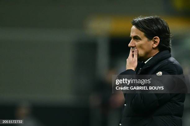 Inter Milan's Italian coach Simone Inzaghi reacts from the sidelines during the Italian Serie A football match between Inter Milan and Genoa at San...