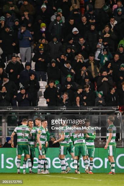 Dublin , Ireland - 4 March 2024; Shamrock Rovers players celebrate after Darragh Burns scored their first goal during the SSE Airtricity Men's...