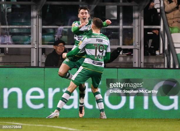 Dublin , Ireland - 4 March 2024; Darragh Burns of Shamrock Rovers celebrates with team-mate Markus Poom after scoring their side's first goal during...