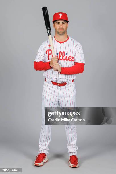 Whit Merrifield of the Philadelphia Phillies poses for a photo during the Philadelphia Phillies Photo Day at BayCare Ballpark on Thursday, February...