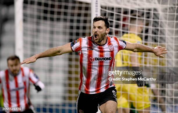 Dublin , Ireland - 4 March 2024; Patrick Hoban of Derry City celebrates after scoring his side's first goal, a penalty, during the SSE Airtricity...