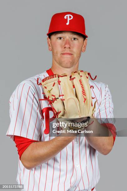 Kolby Allard of the Philadelphia Phillies poses for a photo during the Philadelphia Phillies Photo Day at BayCare Ballpark on Thursday, February 22,...