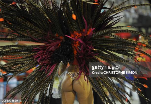 Reveller of Renascer samba school dances during the first night of carnival parade at the Sambadrome in Rio de Janeiro on February 19, 2012. AFP...