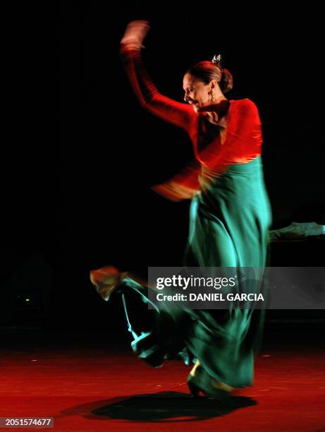 Spanish flamenco dancer Merche Esmeralda from Sevilla performs at the Presidente Alvear theater in Buenos Aires on February 24, 2009. The echoes of...