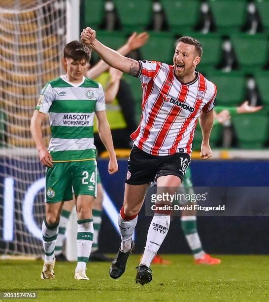 Dublin , Ireland - 4 March 2024; Shane McEleney of Derry City celebrates his side's second goal scored by Danny Mullen during the SSE Airtricity...
