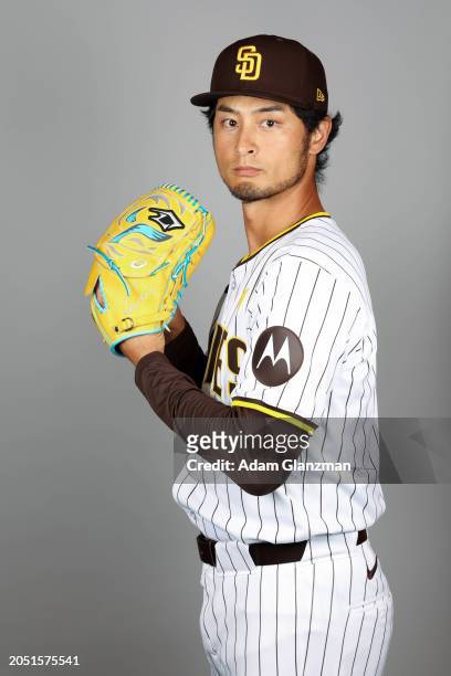 Yu Darvish of the San Diego Padres poses for a photo during the San Diego Padres Photo Day at Peoria Sports Complex on Tuesday, February 20, 2024 in...