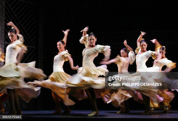 Dancers of the Flamenco Ballet of Andalusia perform during a presentation of Cristina Hoyos's new show "Viaje al Sul" in Madrid's Movistar theatre,...