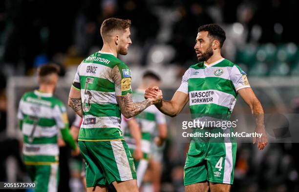 Dublin , Ireland - 4 March 2024; Roberto Lopes, right, and Lee Grace of Shamrock Rovers after the SSE Airtricity Men's Premier Division match between...