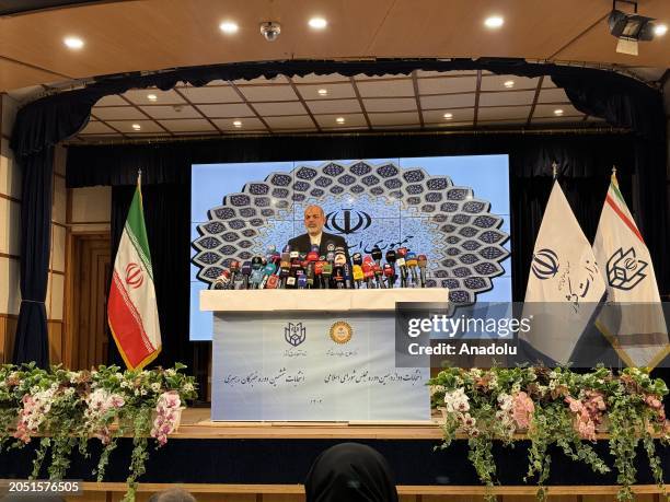 Iranian Interior Minister Ahmad Vahidi makes a speech as he announces the evaluations on countrywide turnout in the parliamentary and Assembly of...