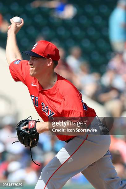 Boston Red Sox pitcher Josh Winckowski delivers a pitch to the plate during the spring training game between the Boston Red Sox and the Detroit...