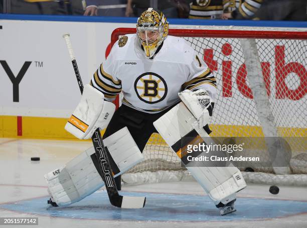 Jeremy Swayman of the Boston Bruins warms up prior to playing against the Toronto Maple Leafs in an NHL game at Scotiabank Arena on March 4, 2024 in...