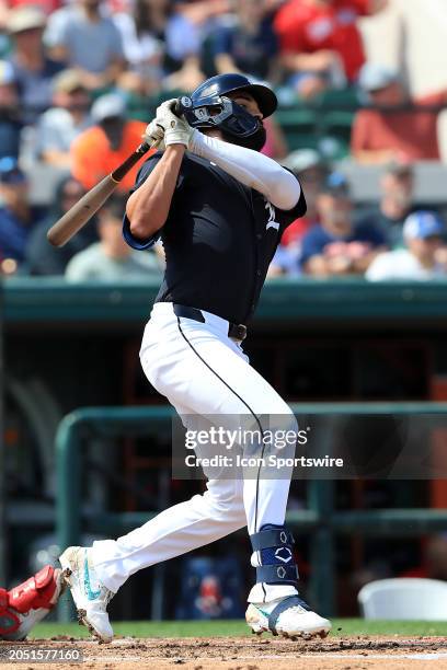 Detroit Tigers outfielder Riley Greene at bat during the spring training game between the Boston Red Sox and the Detroit Tigers on March 04, 2024 at...