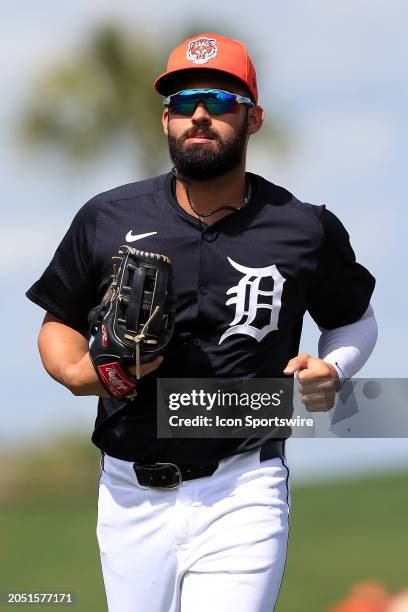 Detroit Tigers outfielder Riley Greene trots towards the dugout during the spring training game between the Boston Red Sox and the Detroit Tigers on...