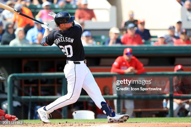 Detroit Tigers first baseman Spencer Torkelson at bat during the spring training game between the Boston Red Sox and the Detroit Tigers on March 04,...
