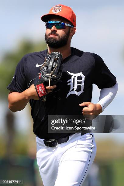 Detroit Tigers outfielder Riley Greene trots towards the dugout during the spring training game between the Boston Red Sox and the Detroit Tigers on...