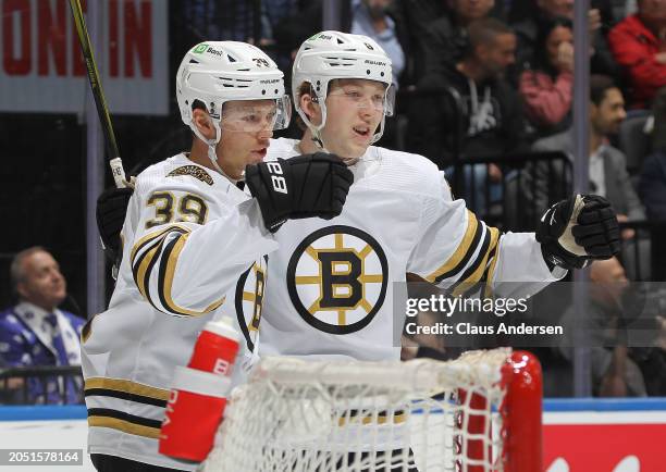 Morgan Geekie of the Boston Bruins celebrates a goal against the Toronto Maple Leafs during the first period in an NHL game at Scotiabank Arena on...