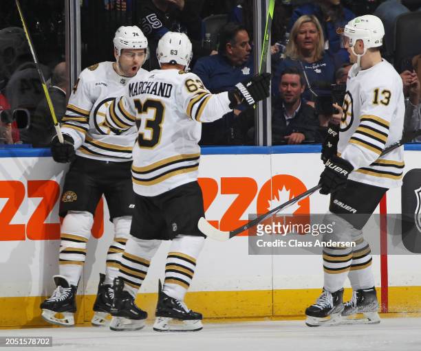 Jake DeBrusk ?#74 of the Boston Bruins celebrates a goal against the Toronto Maple Leafs during the second period in an NHL game at Scotiabank Arena...