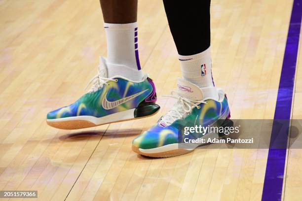 The sneakers worn by LeBron James of the Los Angeles Lakers before the game against the Oklahoma City Thunder on March 4, 2024 at Crypto.Com Arena in...