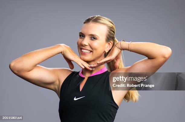 Katie Boulter of Great Britain poses during a WTA video shoot on Day 2 of the BNP Paribas Open at Indian Wells Tennis Garden on March 04, 2024 in...