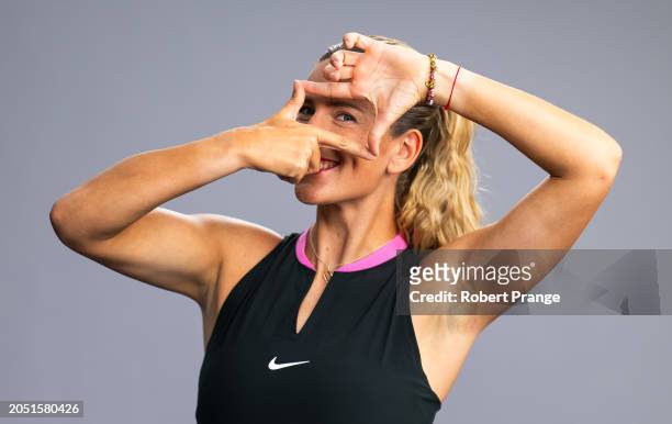 Victoria Azarenka of Belarus poses during a WTA video shoot on Day 2 of the BNP Paribas Open at Indian Wells Tennis Garden on March 04, 2024 in...