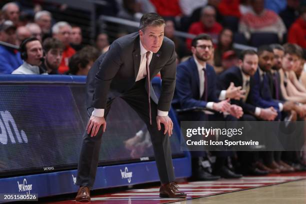 Davidson Wildcats head coach Matt McKillop watches from the sideline during the game against the Davidson Wildcats and the Dayton Flyers on February...