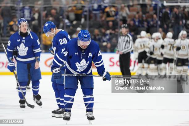 Morgan Rielly of the Toronto Maple Leafs looks on after the game against the Boston Bruins at Scotiabank Arena on March 4, 2024 in Toronto, Ontario,...