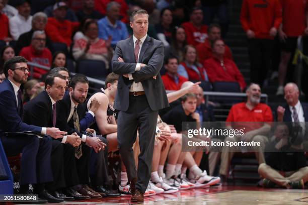 Davidson Wildcats head coach Matt McKillop works the sideline during the game against the Davidson Wildcats and the Dayton Flyers on February 27 at...