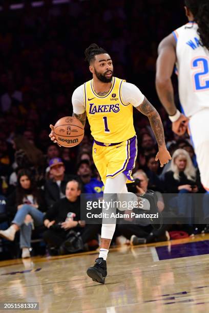 Angelo Russell of the Los Angeles Lakers dribbles the ball during the game against the Oklahoma City Thunder on March 4, 2024 at Crypto.Com Arena in...
