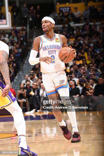 Shai Gilgeous-Alexander of the Oklahoma City Thunder dribbles the ball during the game against the Los Angeles Lakers on March 4, 2024 at Crypto.Com...
