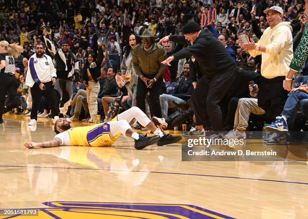 Angelo Russell of the Los Angeles Lakers celebrates during the game against the Oklahoma City Thunder on March 4, 2024 at Crypto.Com Arena in Los...