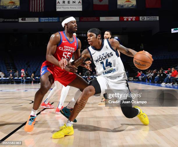 Javonte Cooke of the Iowa Wolves drives to the basket during the game against the Ontario Clippers on March 4, 2024 at Toyota Arena in Ontario,...