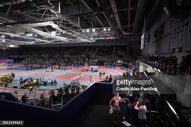 General view inside the arena as Lieke Klaver of Team Netherlands speaks to the media after competing in the Women's 400 Metres Semi-Final on Day One...