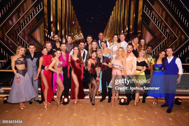 Candidates pose together during the first "Let's Dance" show at MMC Studios on March 01, 2024 in Cologne, Germany.